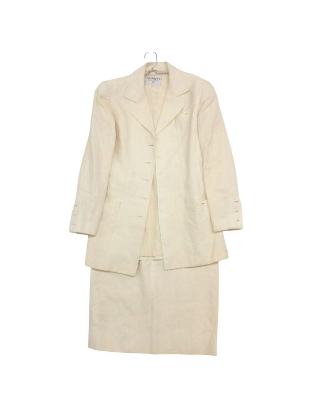 Chanel Suit Vintage Linen 100% Skirt Jacket Set CC Logo Lining Off White
